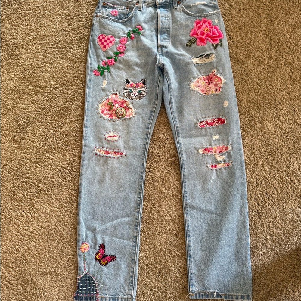Levi's PREMIUM Blue and Pink Straight Leg Jeans with Floral Embroidery